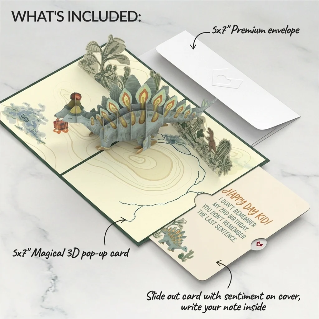 Lovepop Stegosaurus Birthday Pop-Up Card and Last Sentence Forgotten Sentiment Set for Kid Plate - Image 2