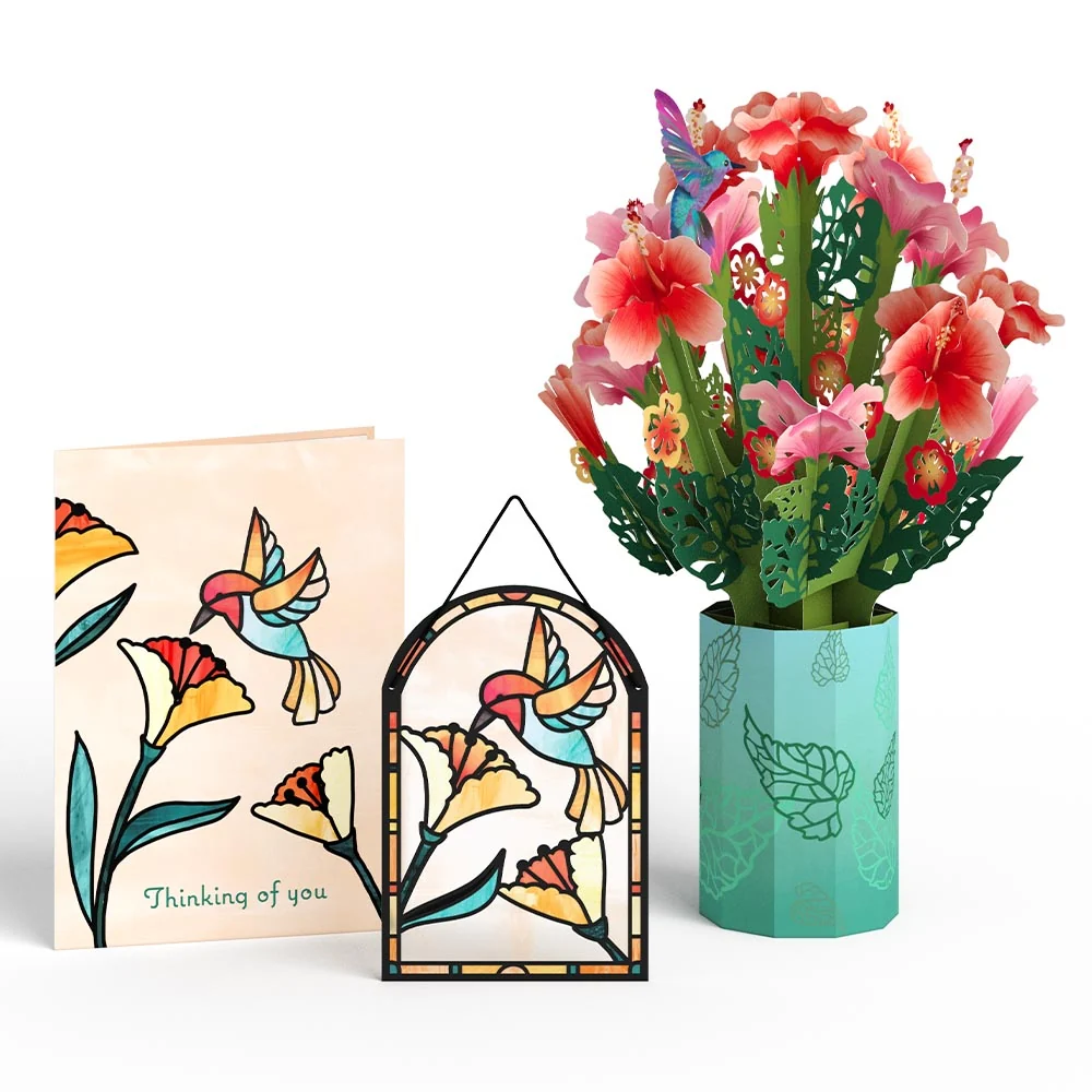 Lovepop Thinking of You Hummingbird Suncatcher Card & Pop-Up Bouquet Bundle