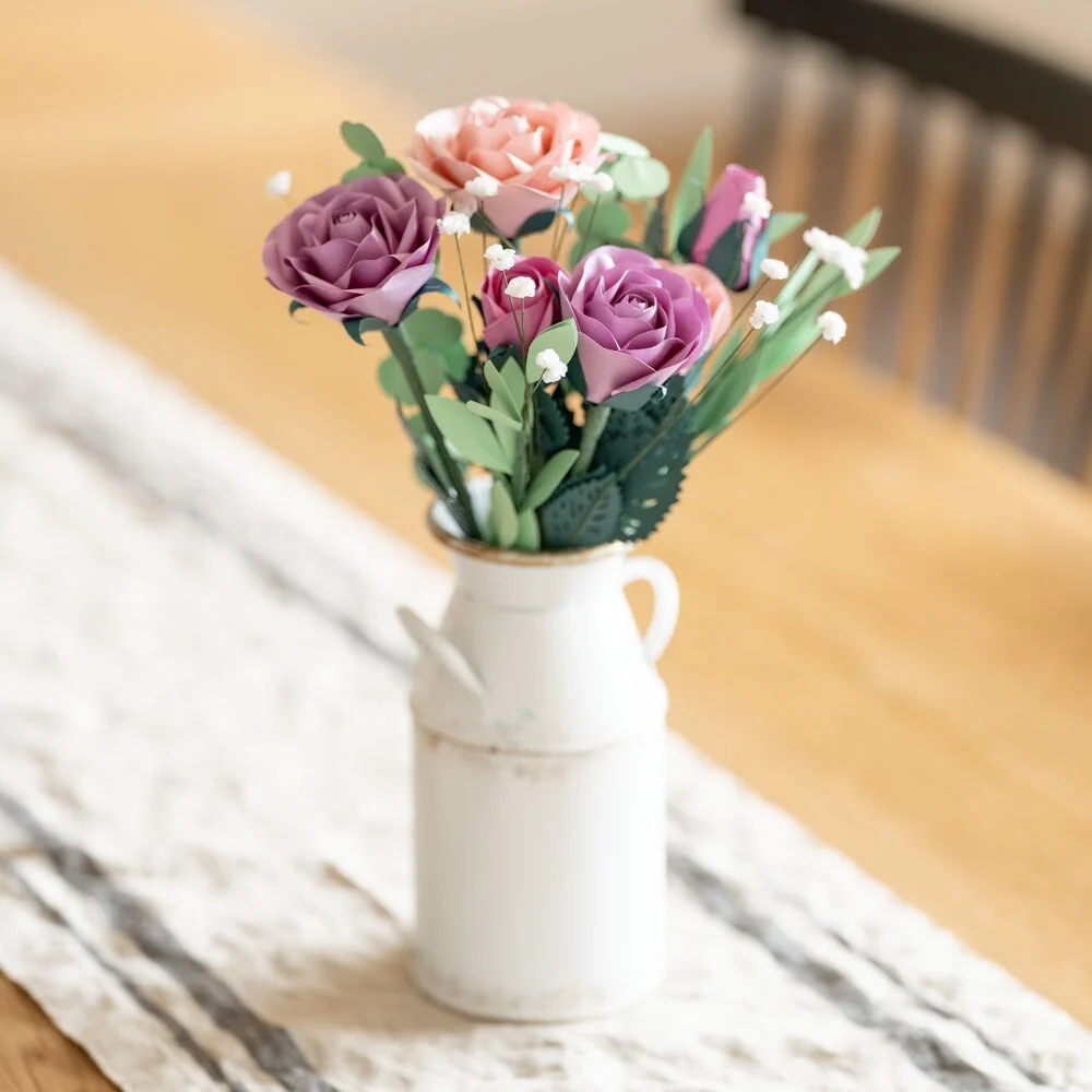 Lovepop Handcrafted Paper Flowers: Pink & Purple Roses (6 Stems) Vase - Image 4