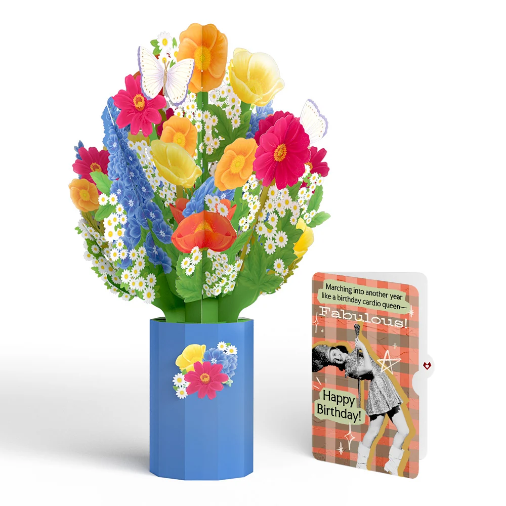 Lovepop Wildflower Birthday Bouquet and Cardio Queen Sentiment Set Vase