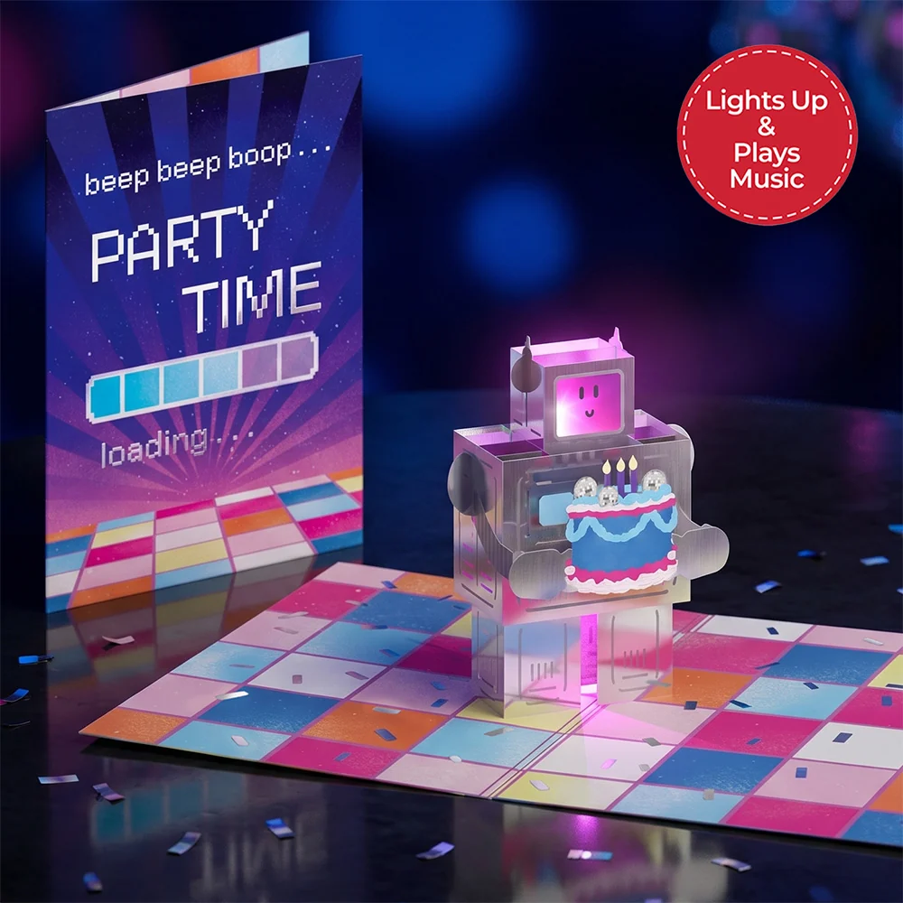 Lovepop Robot Birthday Party Music and Lights Pop-Up Card