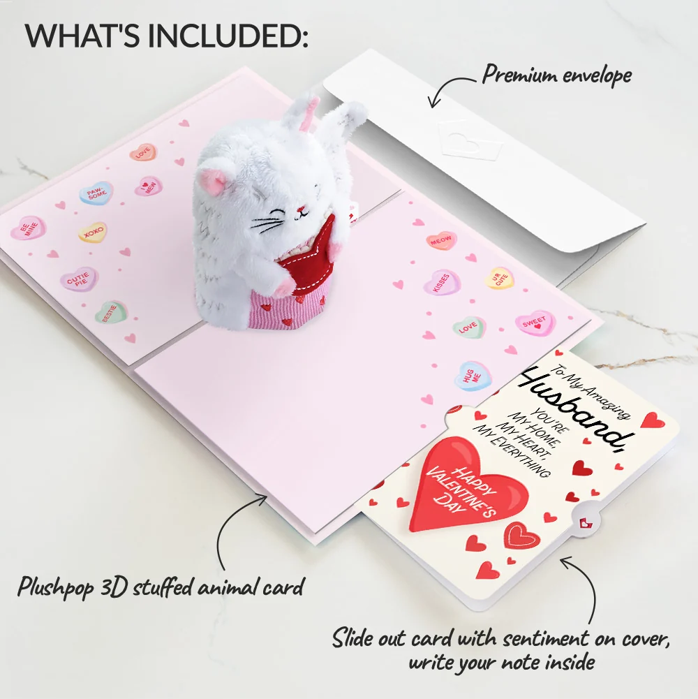 Lovepop 'Happy Valentine's Day' Love Cat Plushpop Card and Sentiment Set for Husband Cream - Image 2