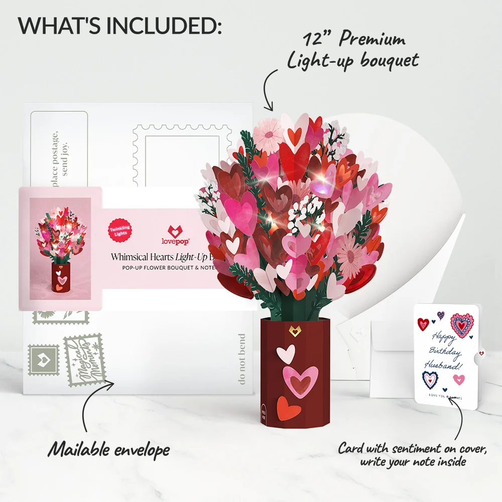 Lovepop Whimsical Hearts Birthday Light-Up Bouquet and Sentiment Set for Husband Vase - Image 2