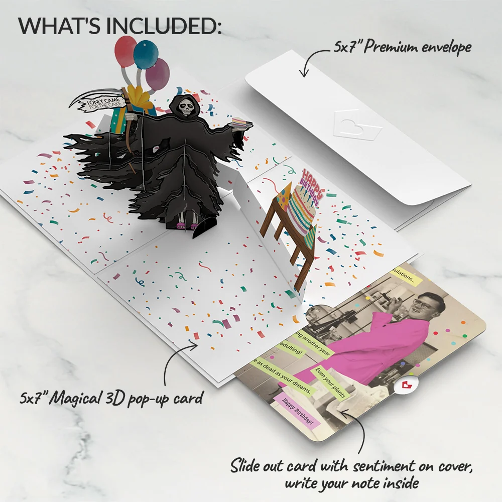 Lovepop Grim Reaper Dark Humor Birthday Pop-Up Card and Sentiment Set for Any Man Candle - Image 2