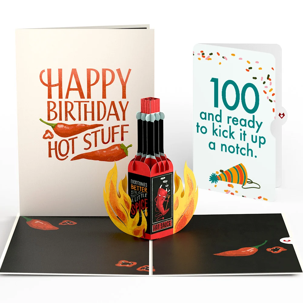 Lovepop Happy Birthday Hot Stuff Pop-Up Card and 100th Kick It Up Sentiment Set Bottle