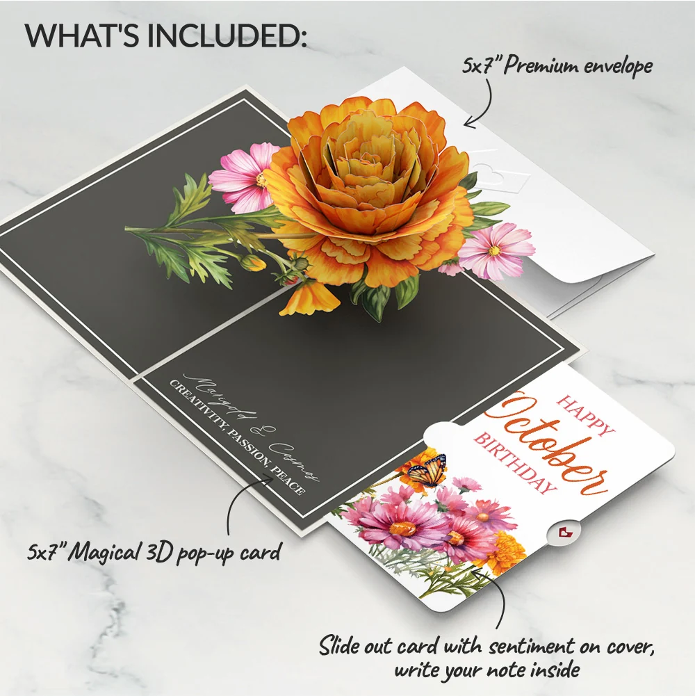 Lovepop Born to Bloom: October Birth Month Flowers Pop-Up Card and Marigold & Cosmos Sentiment Set Cream - Image 2