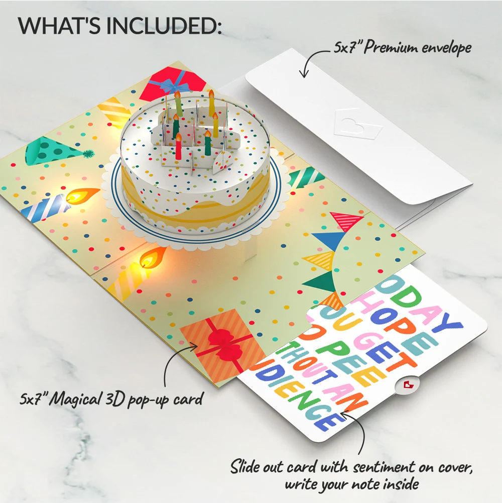 Lovepop Happy Birthday Confetti Cake Music and Lights Pop-Up Card and Parenthood Humor Sentiment Set Candle - Image 2