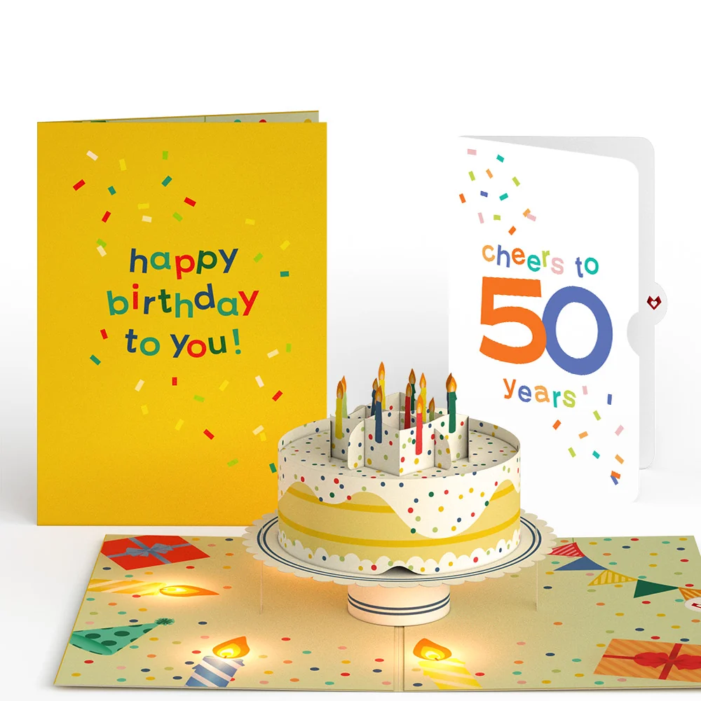 Lovepop Happy Birthday Confetti Cake Music and Lights Pop-Up Card and Cheers to 50th Years Sentiment Set Candle