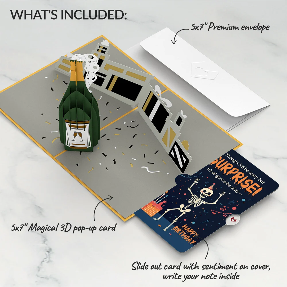 Lovepop Champagne Celebration Birthday Pop-Up Card and Surprise Skeleton Sentiment Set Bottle - Image 2