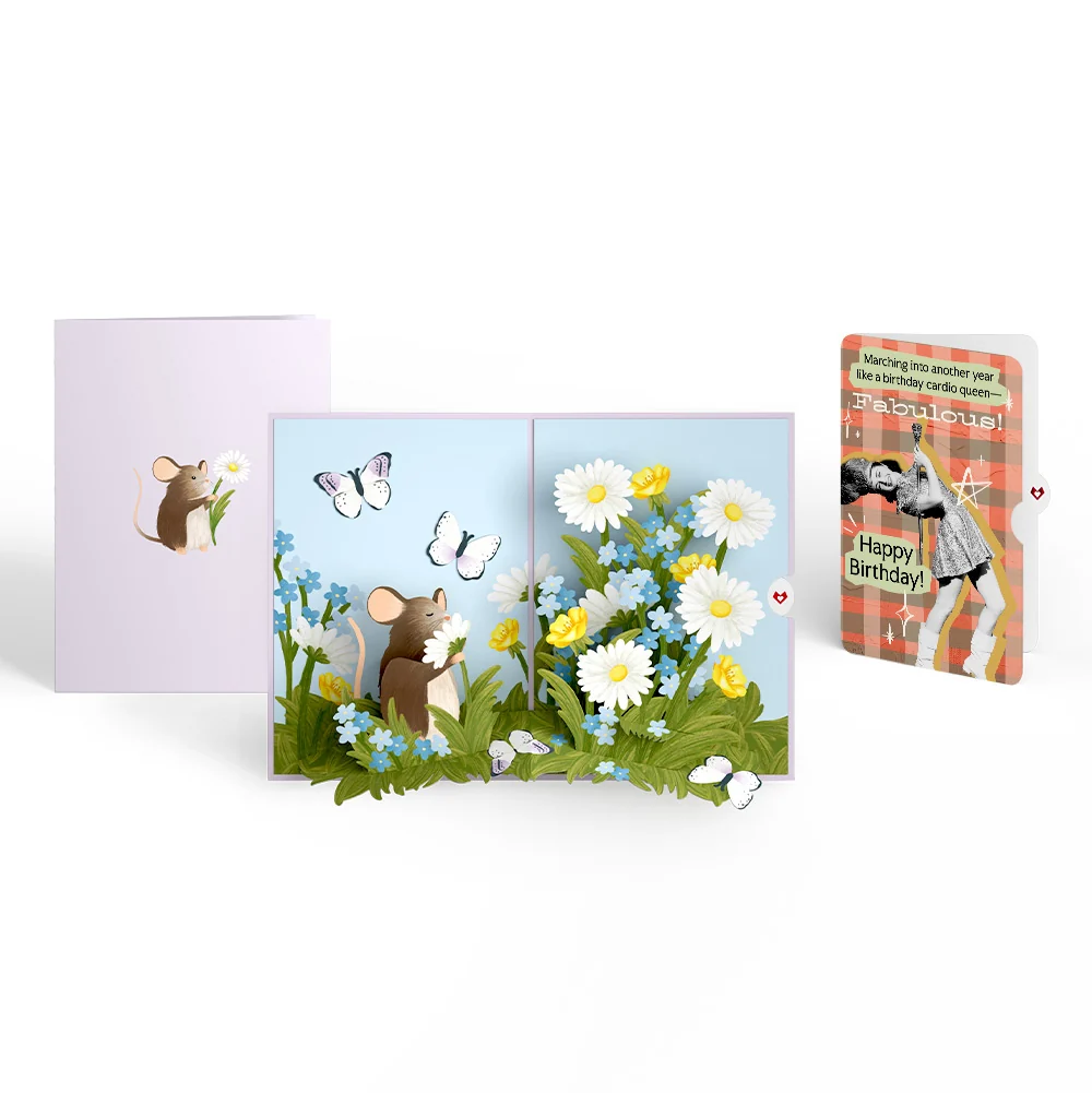Lovepop Field Mouse in the Flowers Birthday Pop-Up Card and Cardio Queen Sentiment Set