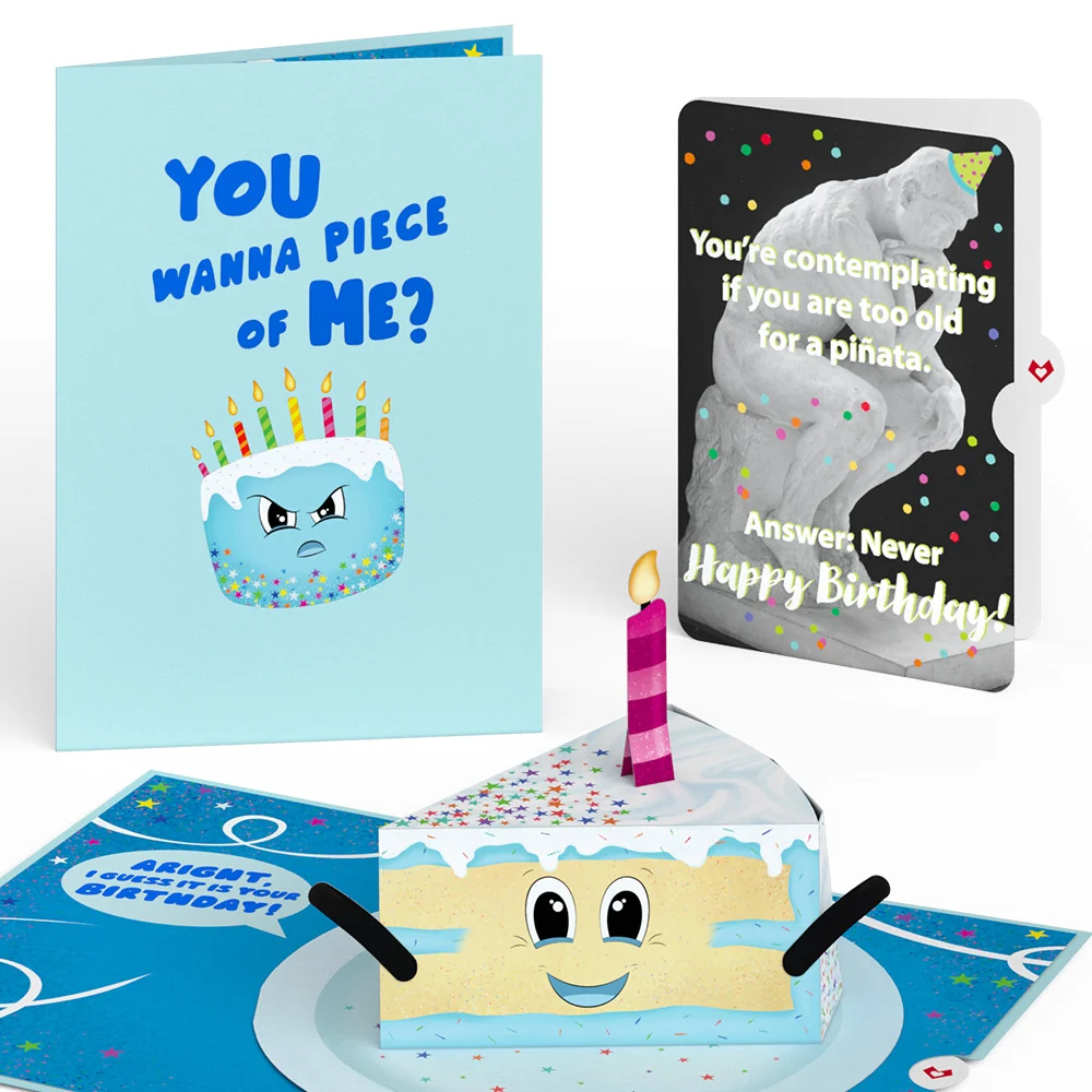 Lovepop Whimsical Birthday Cake Slice with The Thinker Pop-Up Card and Sentiment Set Candle