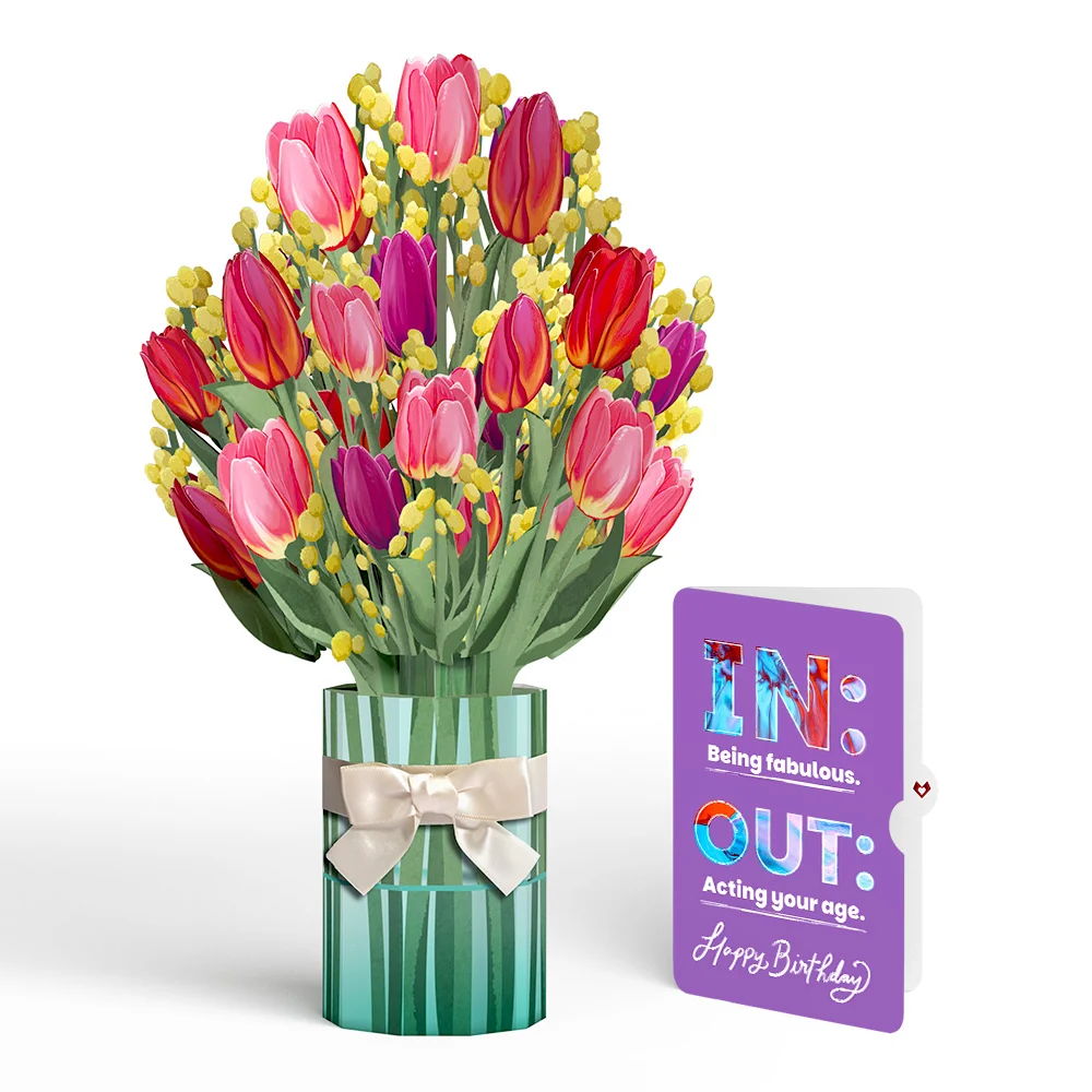 Lovepop Cheerful Tulips Birthday Bouquet and IN & OUT Sentiment Set Vase