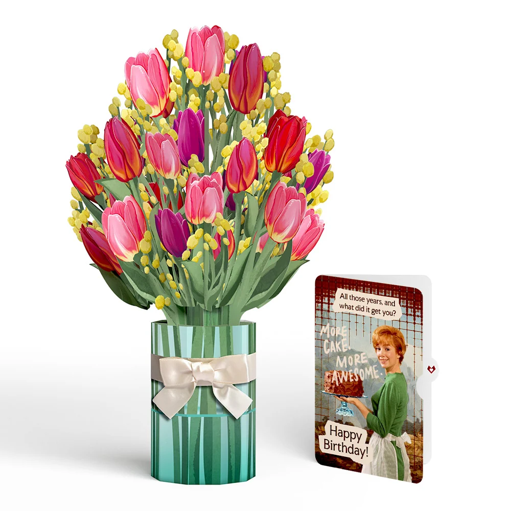 Lovepop Cheerful Tulips Birthday Bouquet and More Cake More Awesome Sentiment Set Vase