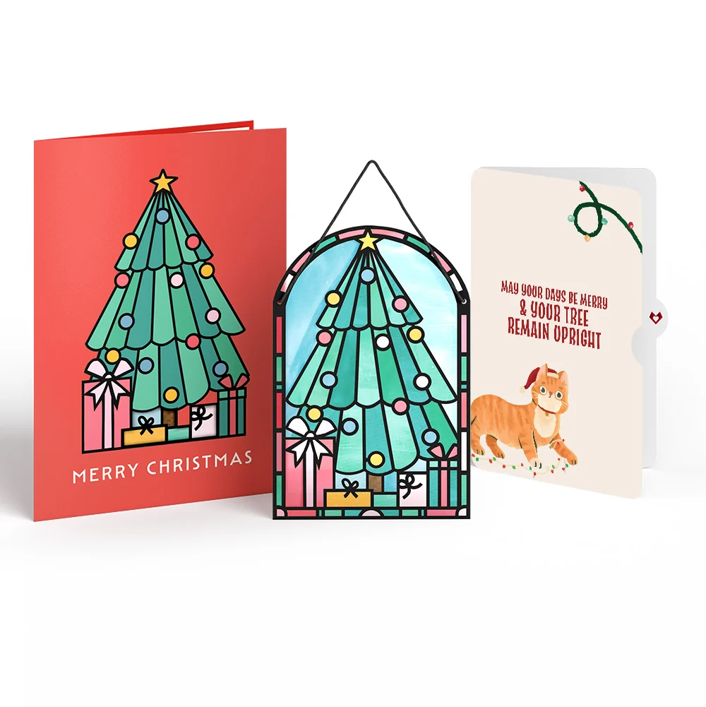 Lovepop Merry Christmas Tree Suncatcher Card and Funny Cat Sentiment Set Glass