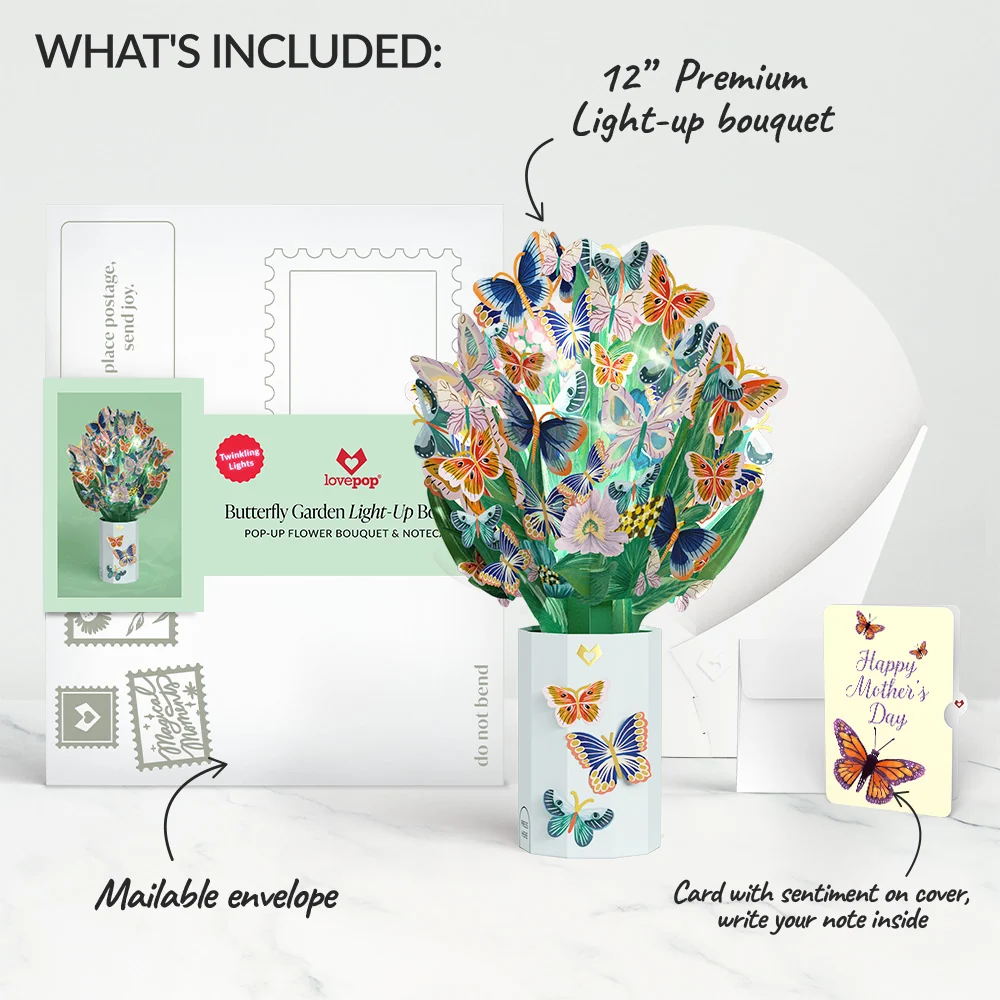 Lovepop Butterfly Garden Mother’s Day Light-Up Bouquet and Sentiment Set for Mom Vase - Image 2