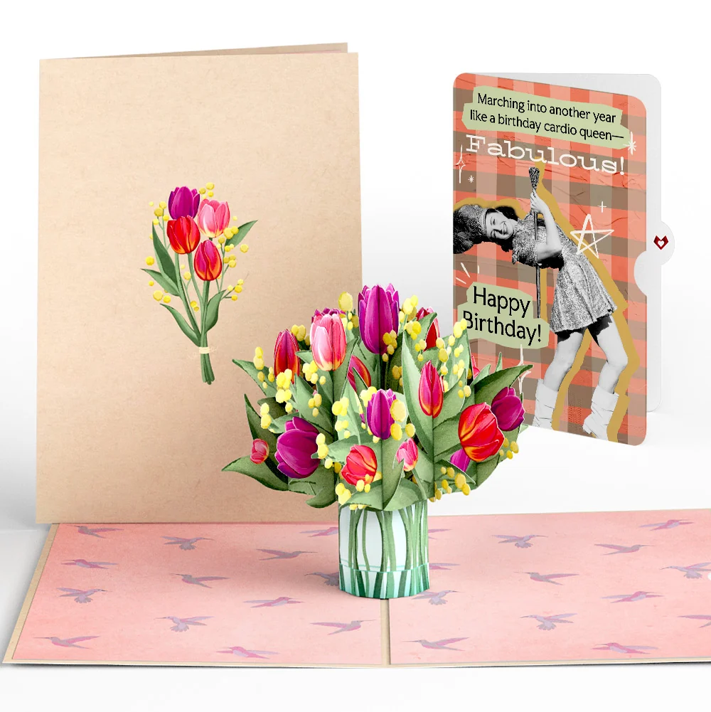 Lovepop Cheerful Tulips Birthday Pop-Up Card and Cardio Queen Sentiment Set Vase