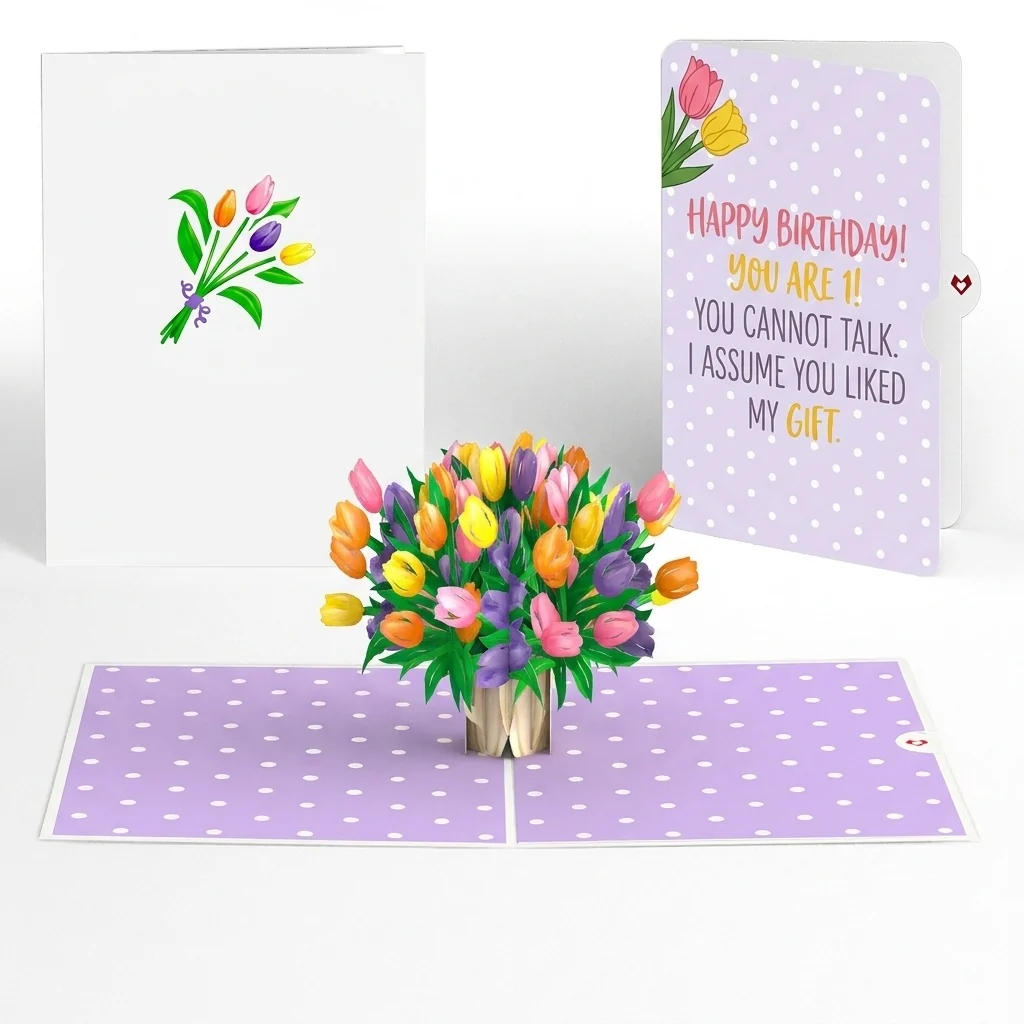 Lovepop Timeless Tulips 1st Birthday Pop-Up Card and Cannot Talk Sentiment Set Vase