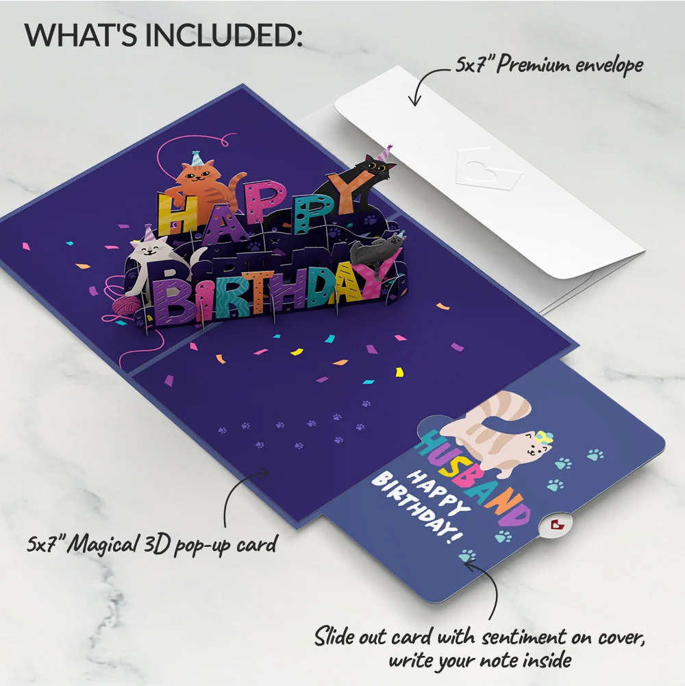 Lovepop Happy Birthday Cats Pop-Up Card and Sentiment Set for Husband - Image 2