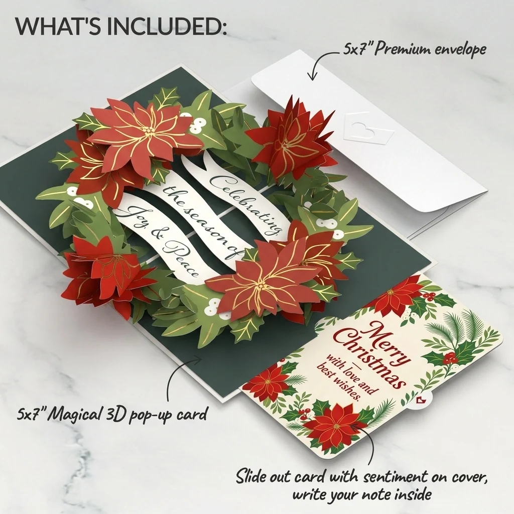 Lovepop Season's Greetings Poinsettia Wreath Christmas Pop-Up Card and Best Wishes Sentiment Set - Image 2
