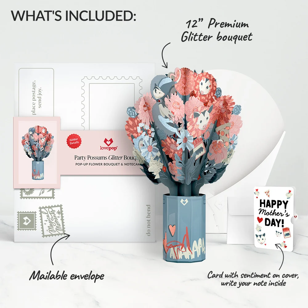 Lovepop Party Possums Mother’s Day Glitter Bouquet and Sentiment Set Vase - Image 2