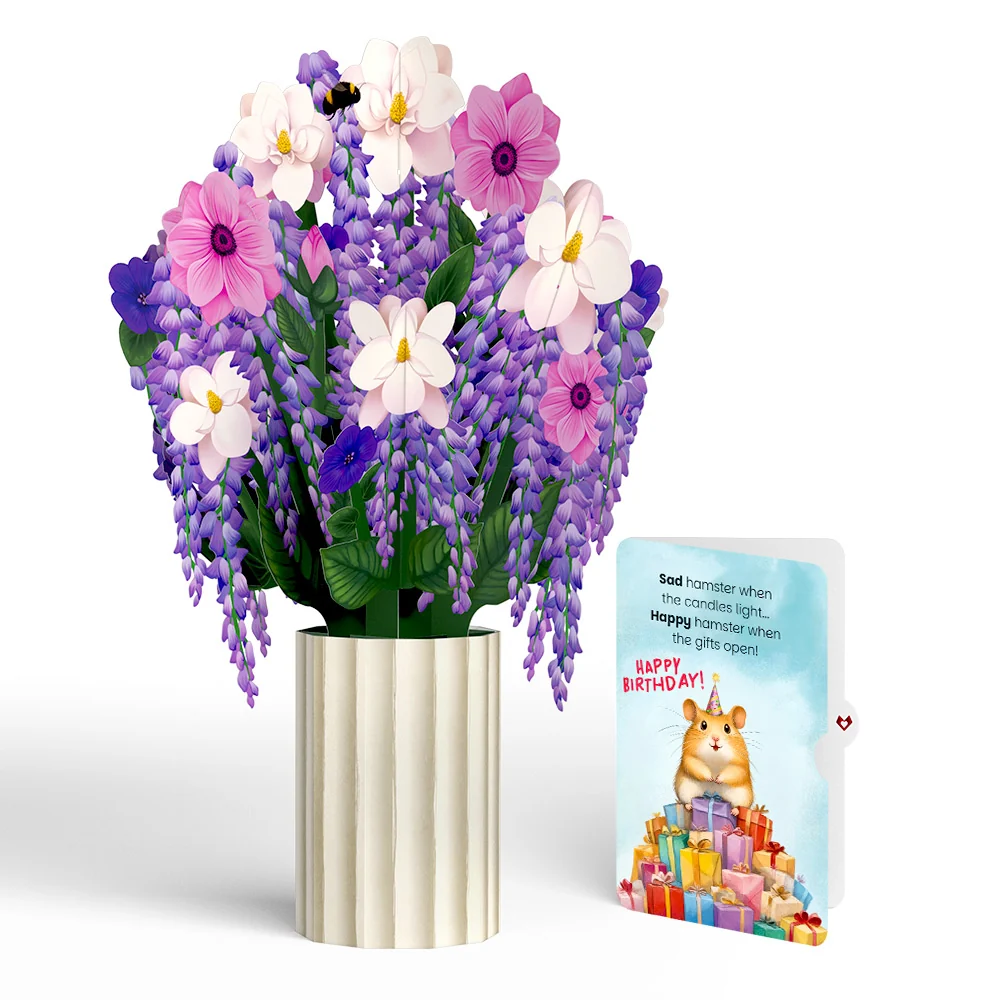 Lovepop Wisteria Birthday Bouquet and Happy Hamster Sentiment Set Cream