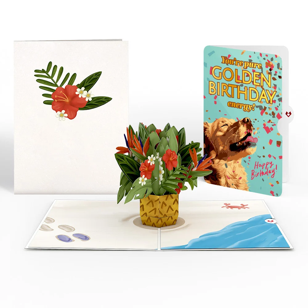 Lovepop Tropical Flower Basket Birthday Pop-Up Card and Golden Energy Sentiment Set