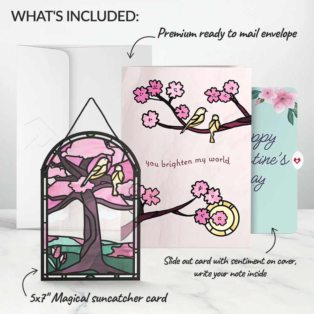 Lovepop You Brighten My World Birds Valentine Suncatcher Card and Sentiment Set Glass - Image 2