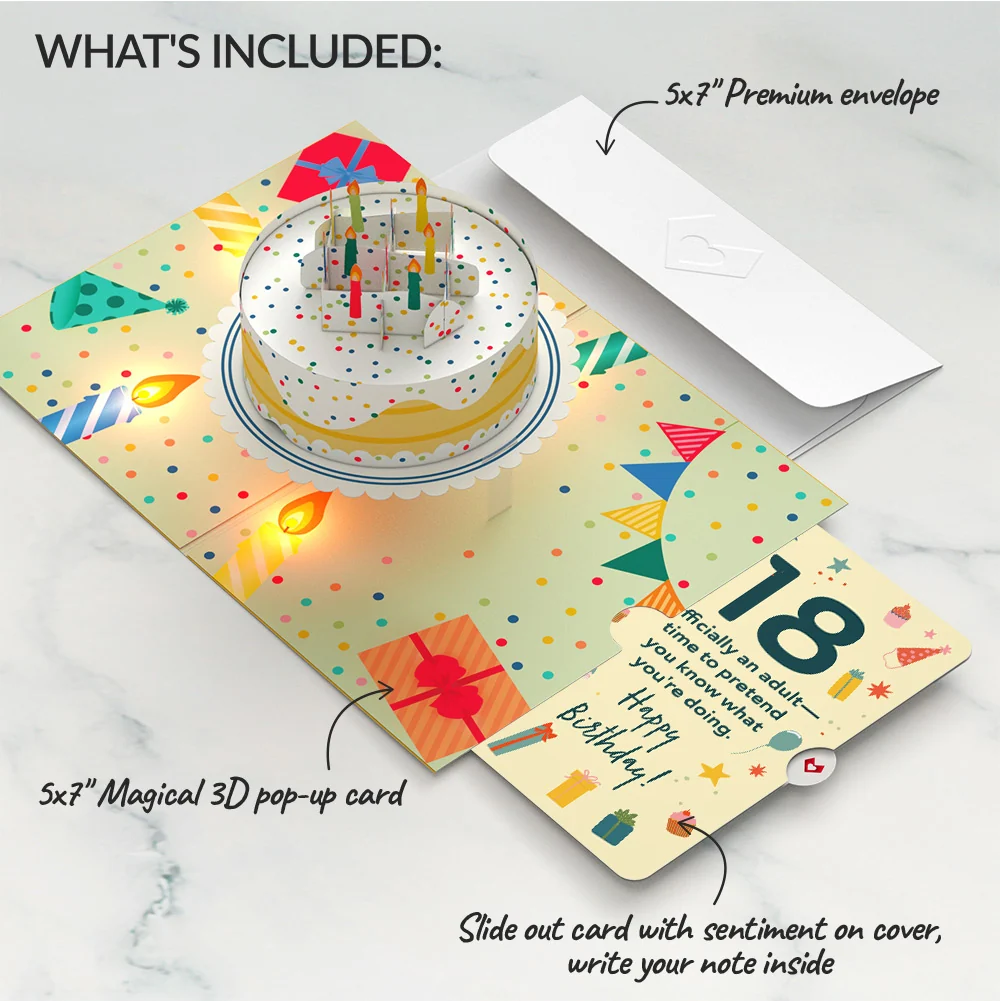 Lovepop Happy 18th Birthday Confetti Cake Music and Lights Pop-Up Card and Sentiment Set Candle - Image 2