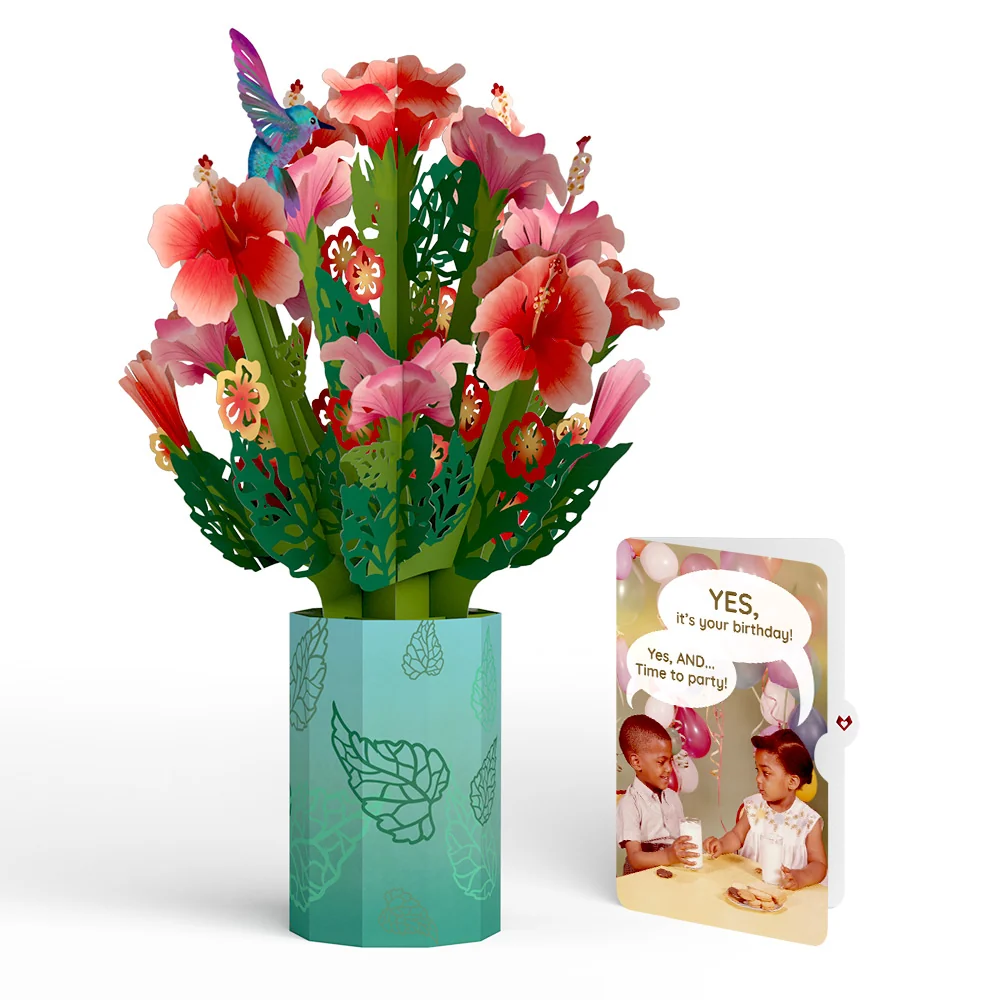 Lovepop Hibiscus Birthday Bouquet and Time to Party Sentiment Set Vase