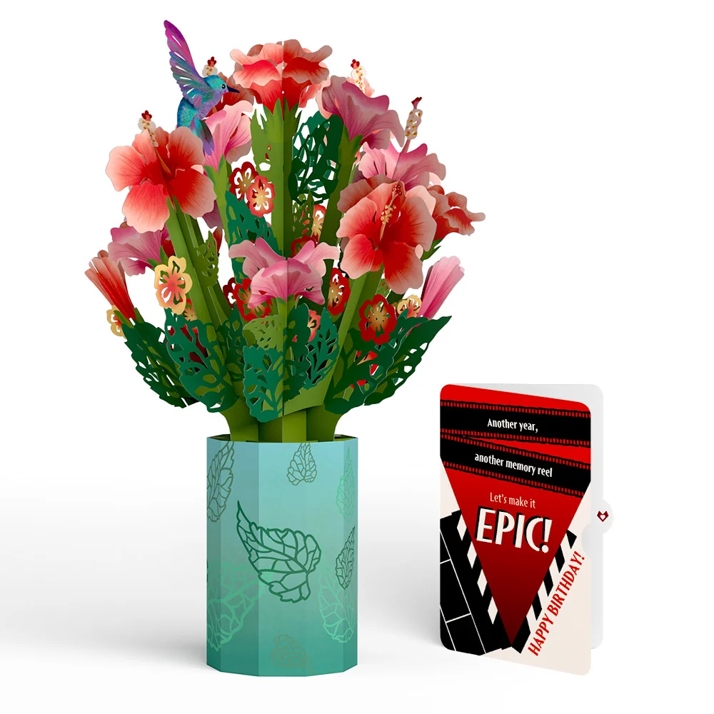 Lovepop Hibiscus Birthday Bouquet and Epic Reel Sentiment Set Vase
