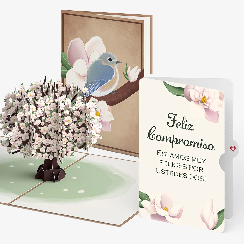 Lovepop Pink Magnolia Tree Engagements Pop-Up Card and Spanish Celebrating Your Love Sentiment Set Cream