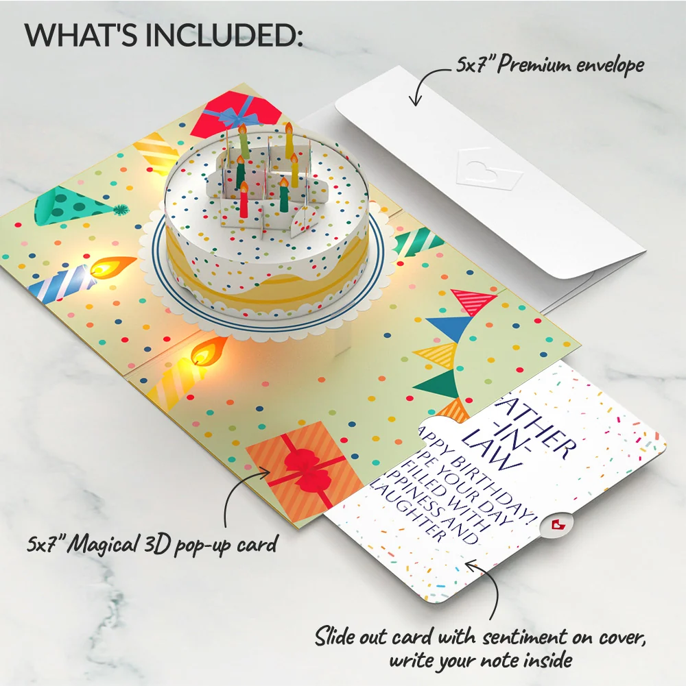 Lovepop Happy Birthday Confetti Cake Music and Lights Pop-Up Card and Sentiment Set for Father-in-law Candle - Image 2