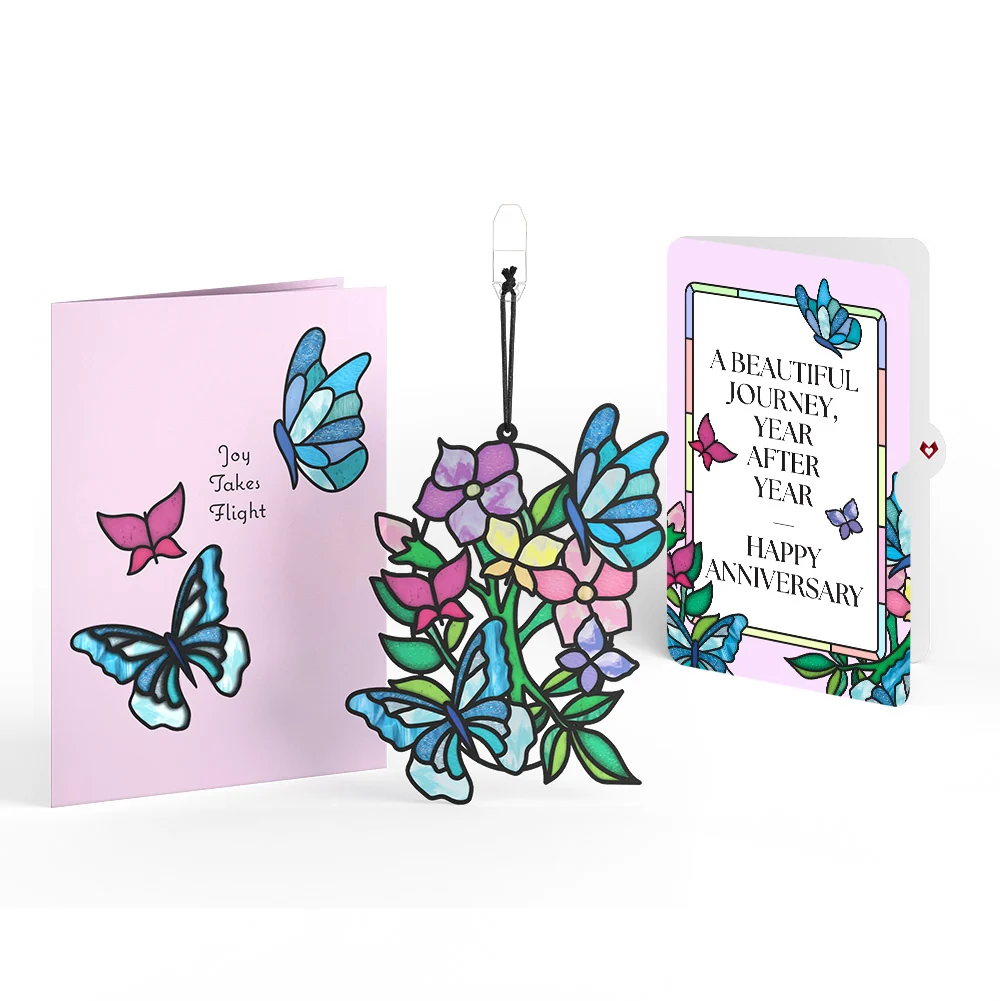 Lovepop Joy Takes Flight Butterfly Anniversary Suncatcher Card and Sentiment Set Glass