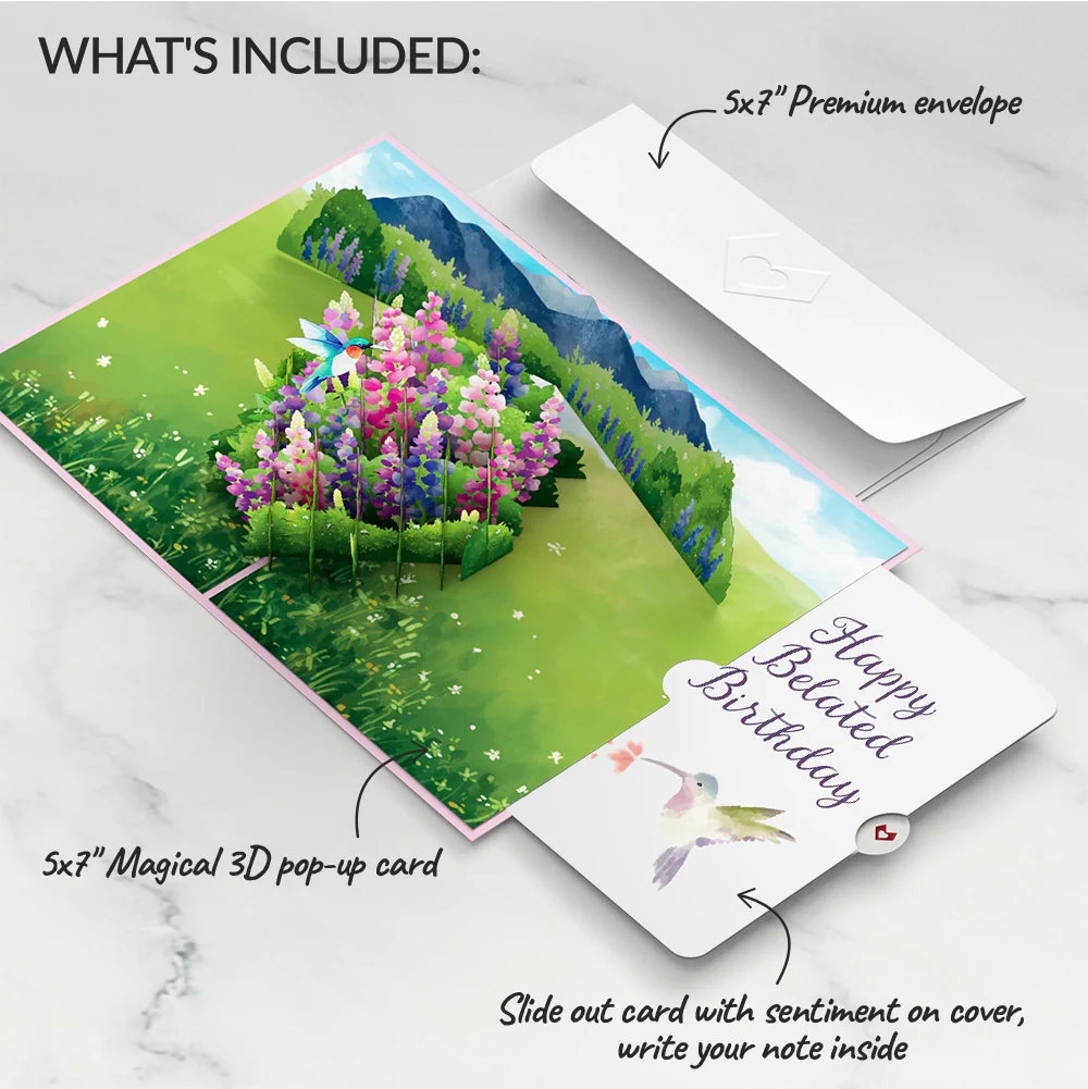 Lovepop Lupine Hummingbird Belated Birthday Pop-Up Card and Sentiment Set - Image 2