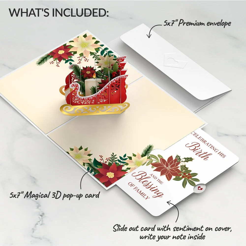 Lovepop Holiday Poinsettia Sleigh Pop-Up Card and Blessing Christmas Sentiment Set Candle - Image 2