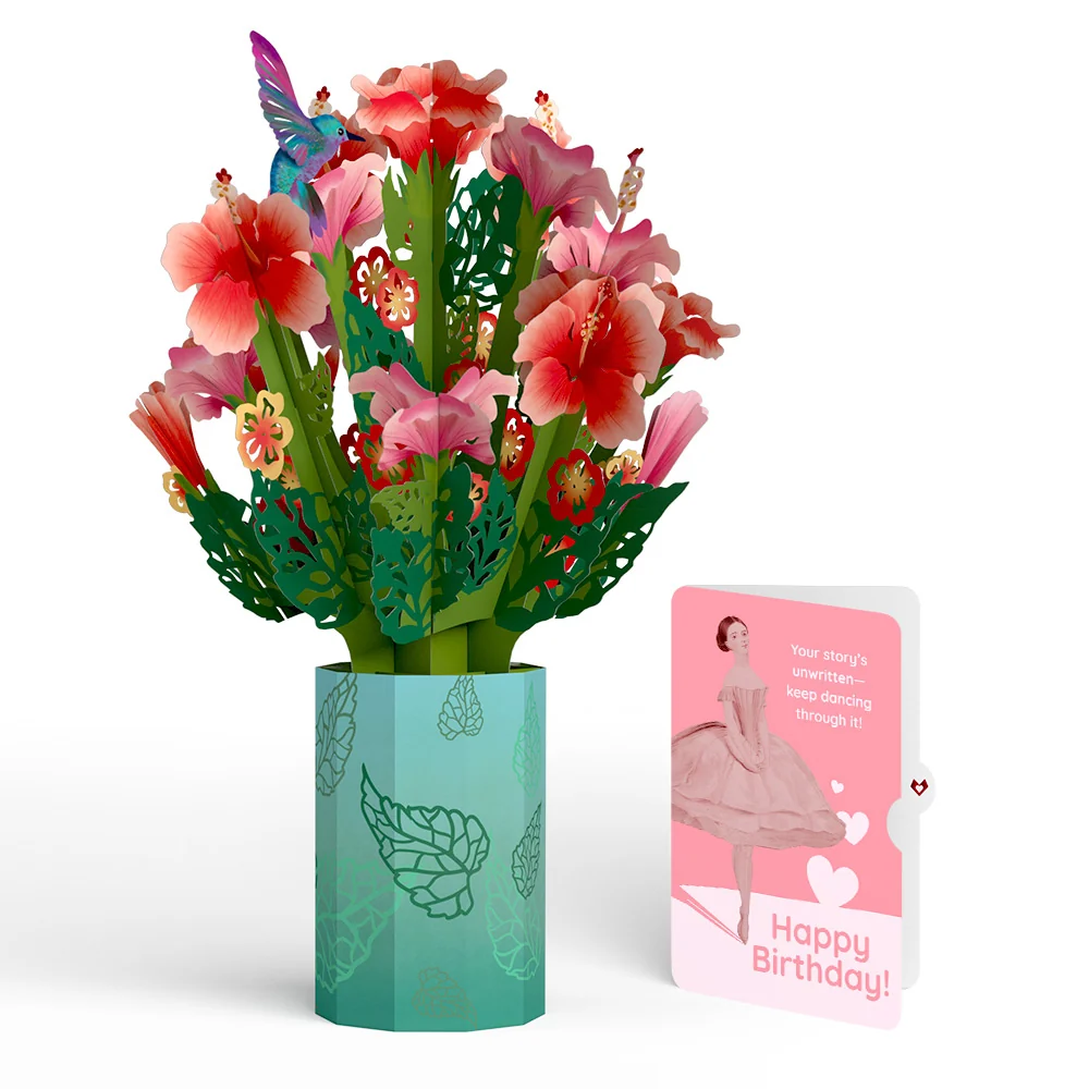 Lovepop Hibiscus Birthday Bouquet and Dancing Through Life Sentiment Set Vase