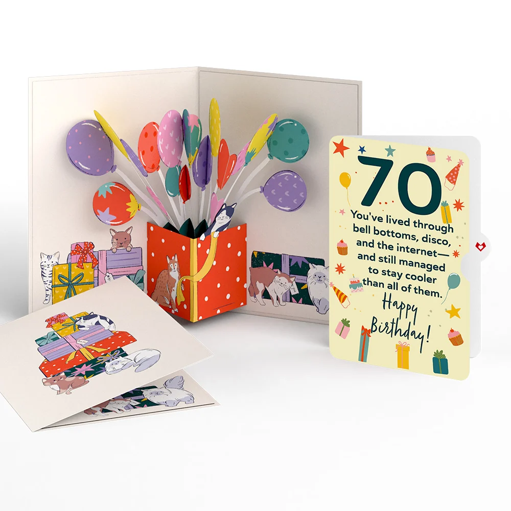 Lovepop Curious Cats 70th Birthday Pop-Up Card and Sentiment Set Cream