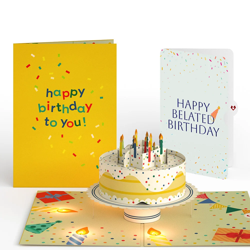 Lovepop Happy Belated Birthday Confetti Cake Music and Lights Pop-Up Card and Sentiment Set Candle