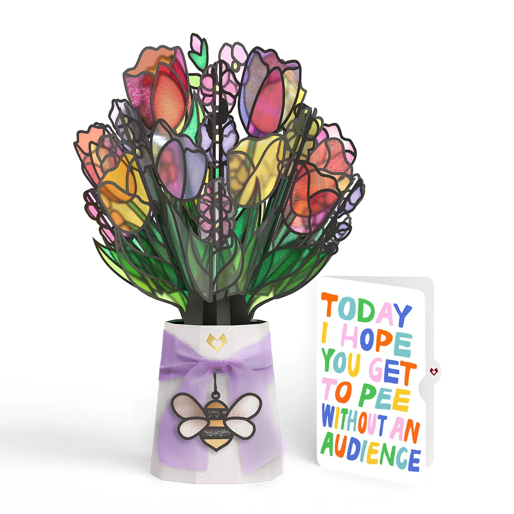 Lovepop Vibrant Tulip Suncatcher Bouquet and Parenthood Humor Sentiment Set Glass