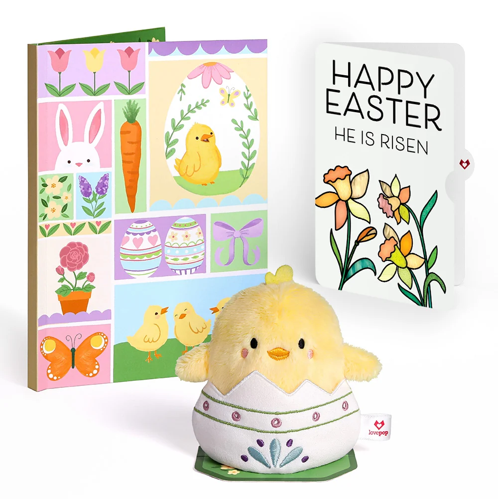 Lovepop Spring Chick Easter Plushpop Card and Garden Blooms He Is Risen Sentiment Set