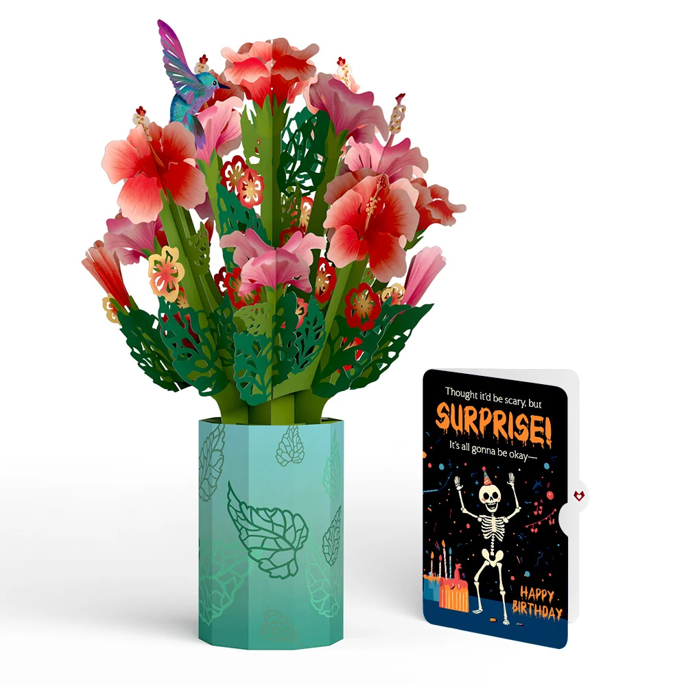 Lovepop Hibiscus Birthday Bouquet and Surprise Skeleton Sentiment Set Vase