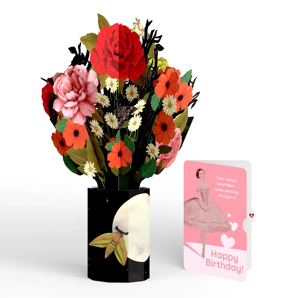 Lovepop Midnight Florals Birthday Bouquet and Dancing Through Life Sentiment Set Vase