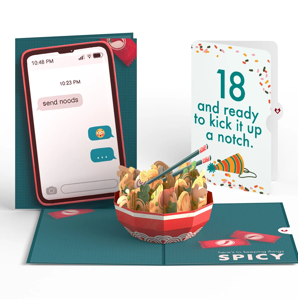 Lovepop Send Noods Spicy Birthday Pop-Up Card and 18th Kick It Up Sentiment Set Bowl