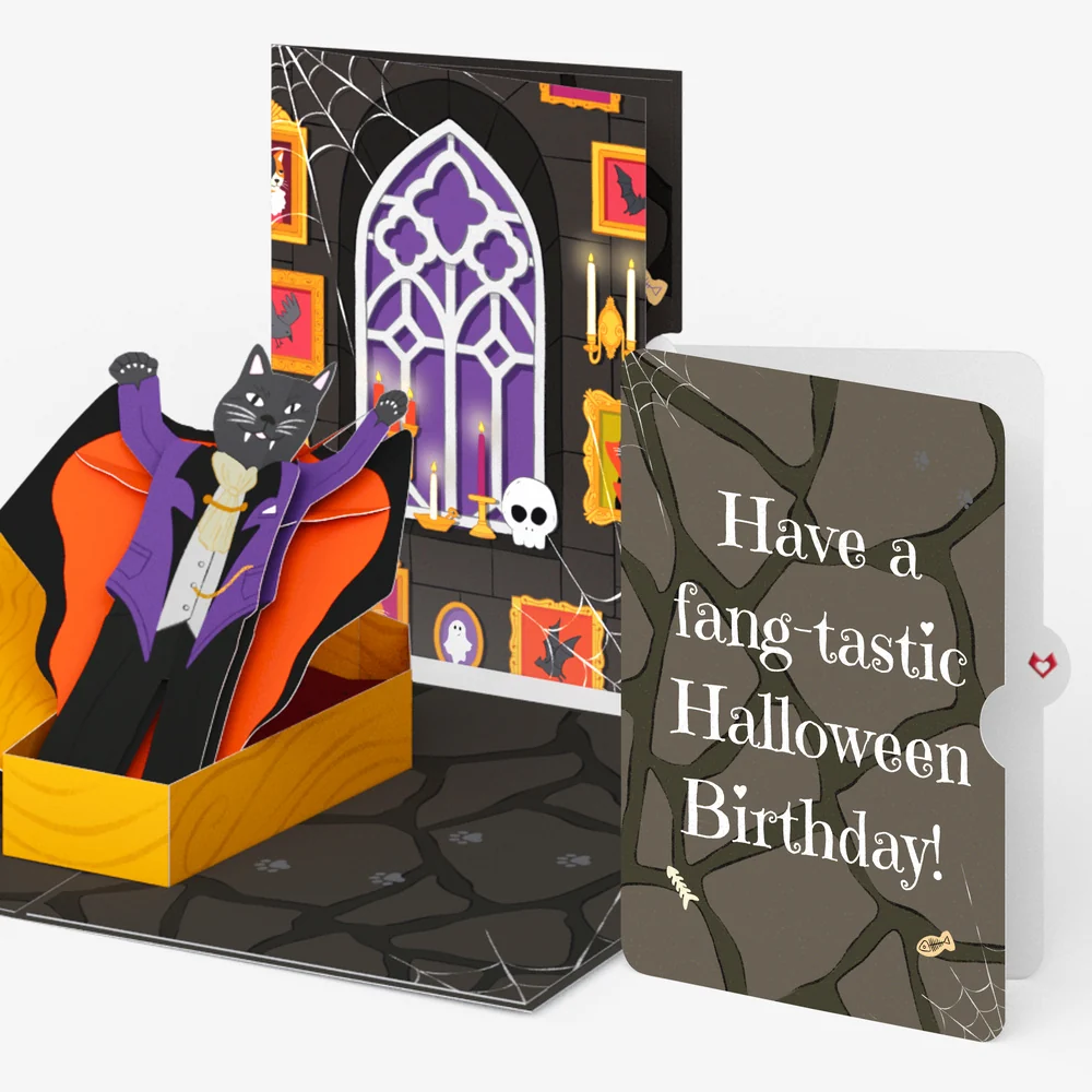 Lovepop Count Catula Halloween Vampire Cat Pop-Up Card and Spider Web Birthday Sentiment Set Candle