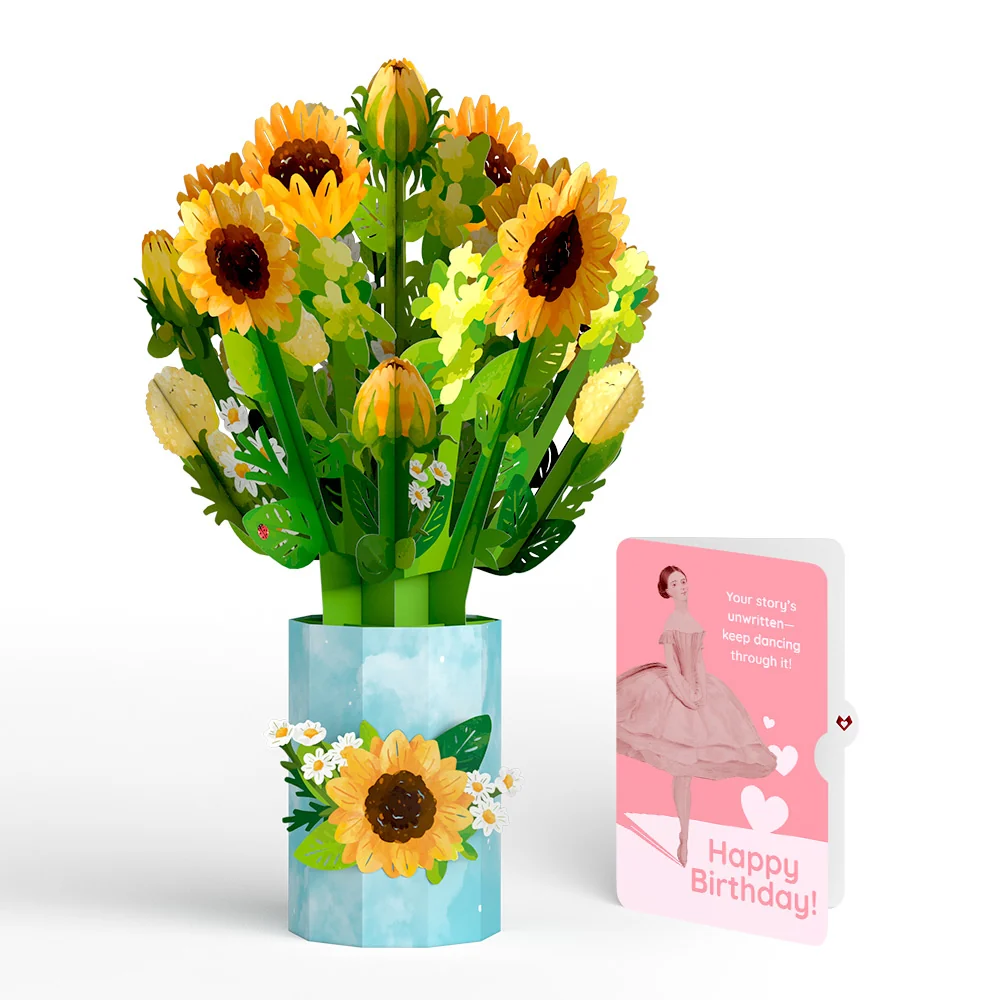 Lovepop Sunflower Blooms Birthday Bouquet and Dancing Through Life Sentiment Set Vase