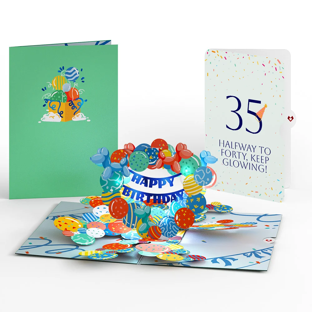 Lovepop Happy 35th Birthday Balloons Music and Lights Pop-Up Card and Party Hat Sentiment Set