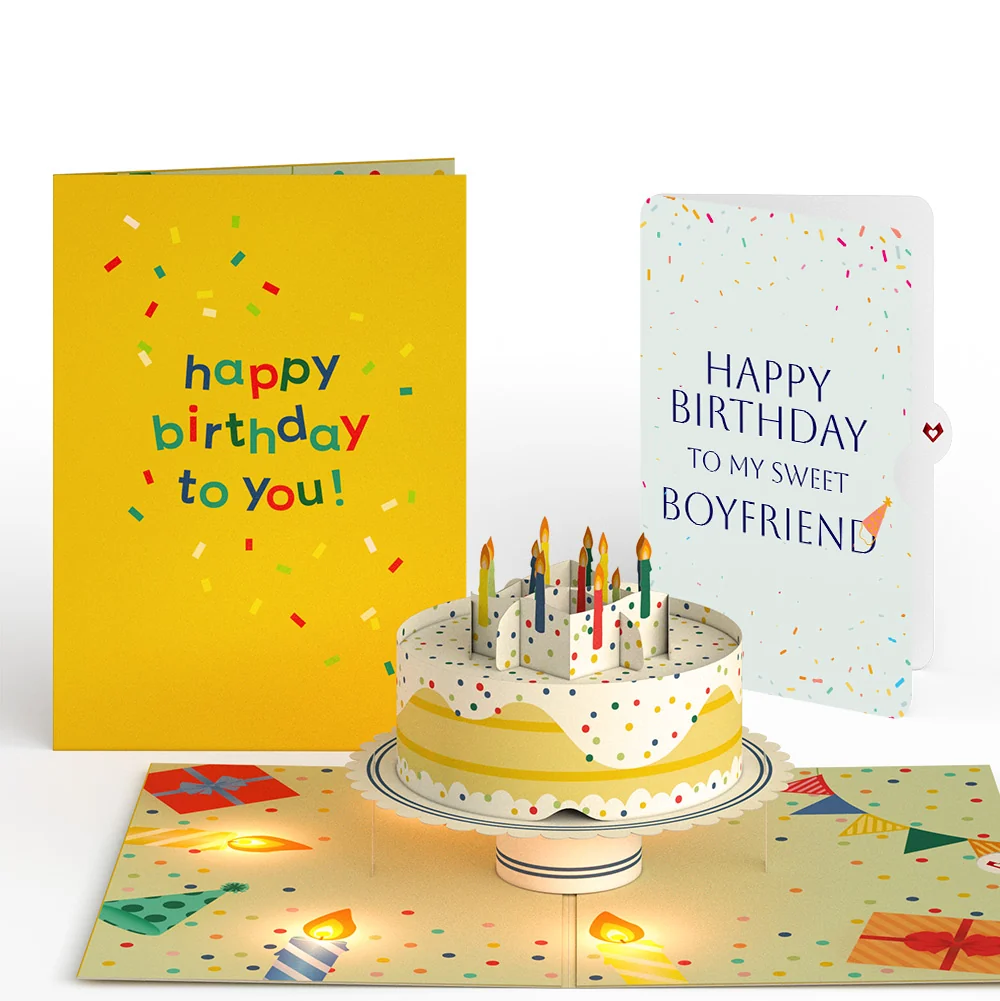 Lovepop Happy Birthday Confetti Cake Music and Lights Pop-Up Card and Sentiment Set for Boyfriend Candle