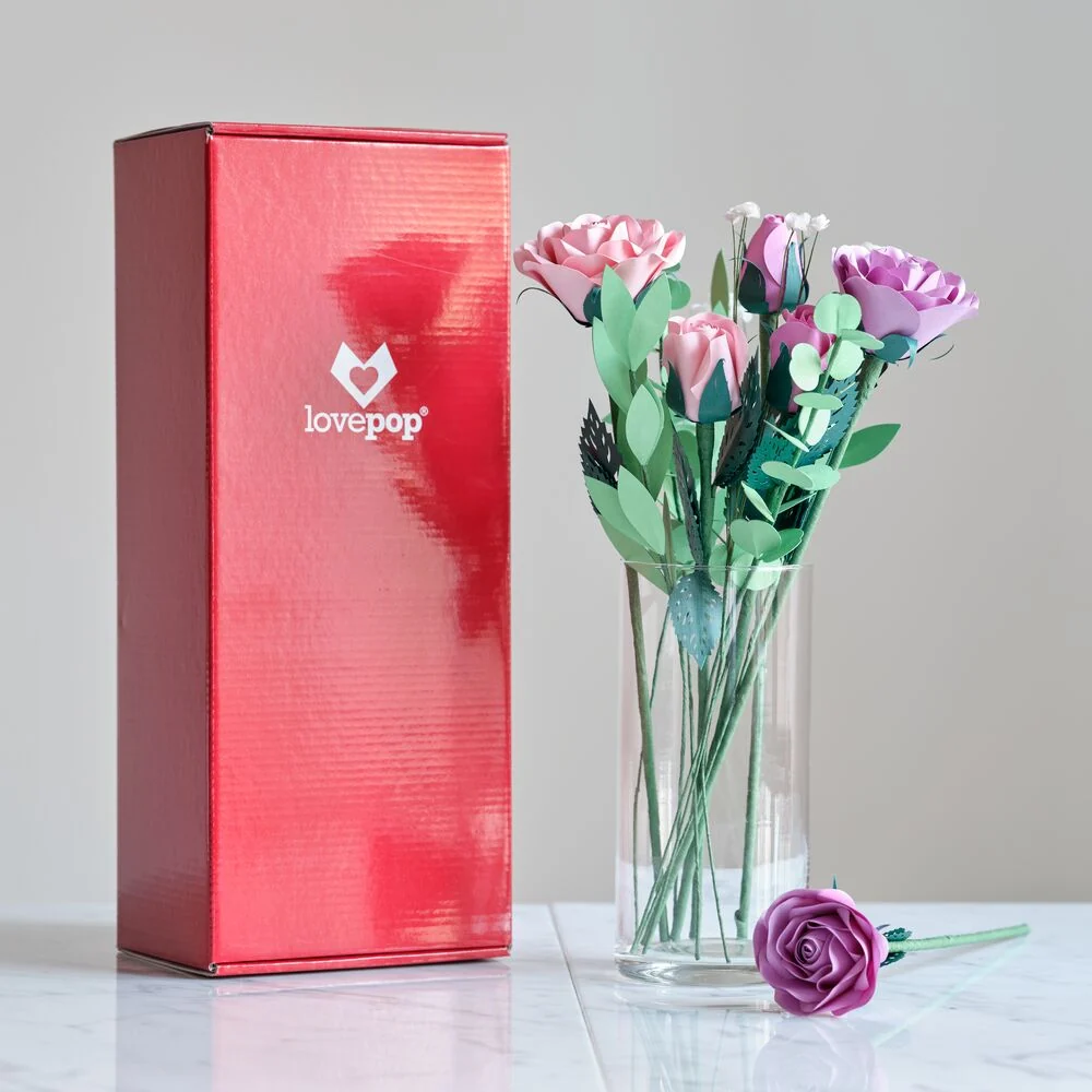 Lovepop Handcrafted Paper Flowers: Pink & Purple Roses (6 Stems) Vase - Image 3