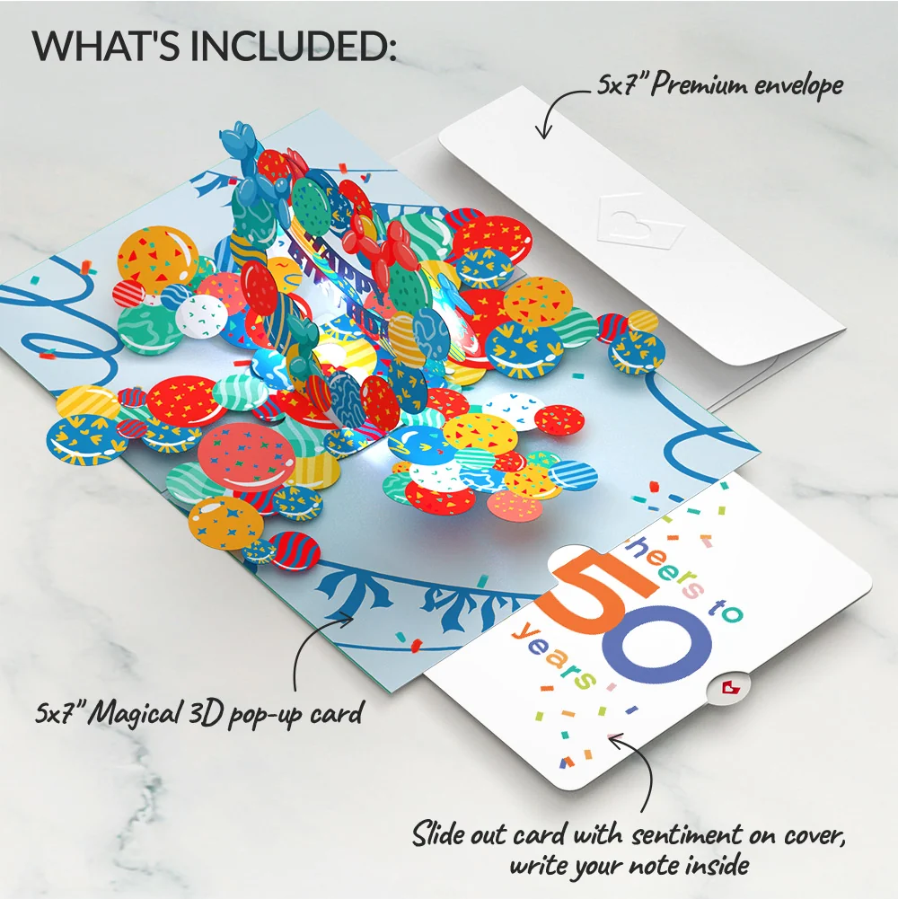 Lovepop Happy 50th Birthday Balloons Music and Lights Pop-Up Card and Confetti Cake Sentiment Set - Image 2