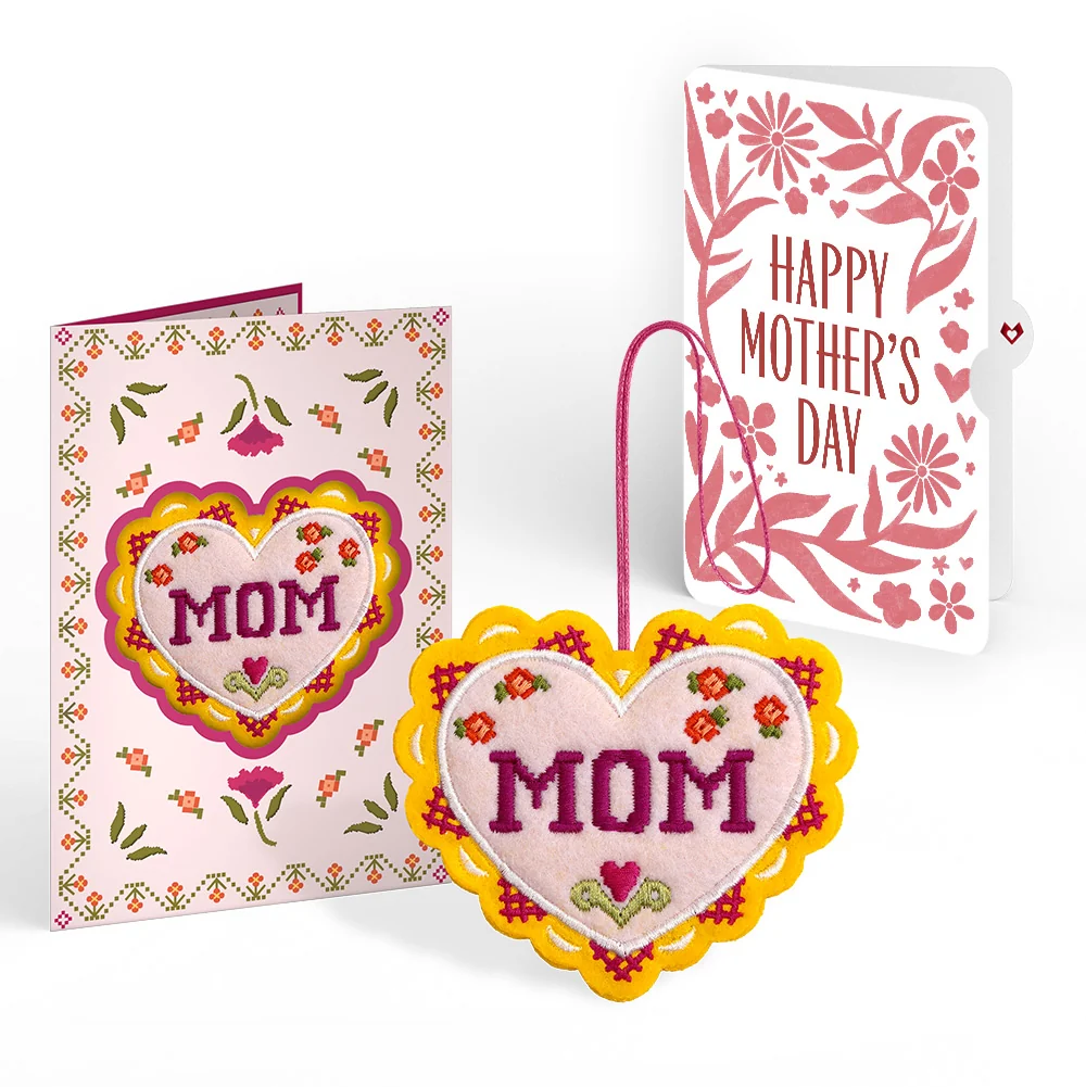 Lovepop Stitched with Love Mother’s Day HeartFelt Charm Card and Bold Petal Pattern Sentiment Set for Mom
